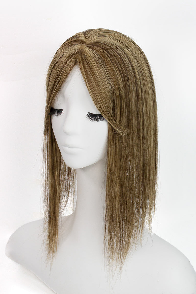 Flavia-B Silk Top Remy Human Hair Topper with Bangs Medium Brown with Warm Highlights 