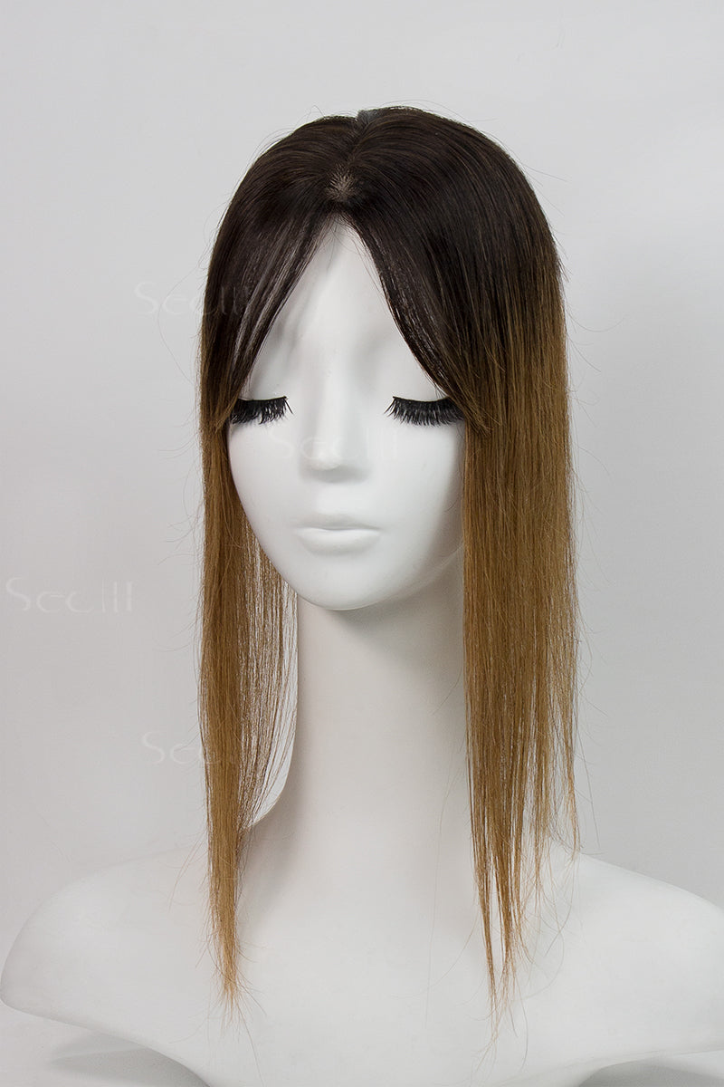 Flavia-B Silk Top Remy Human Hair Topper with Bangs Dark Brown/Light Brown 