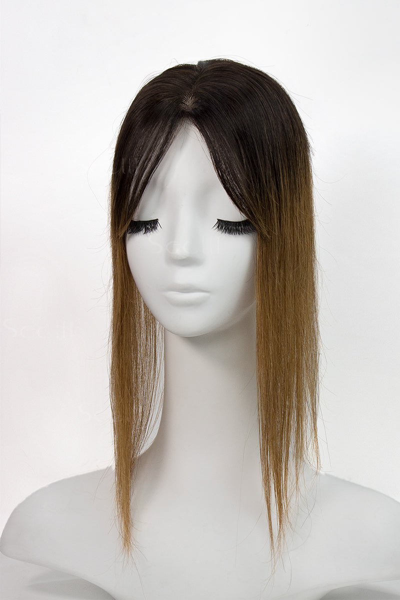 Flavia-B Silk Top Remy Human Hair Topper with Bangs Dark Brown/Light Brown 