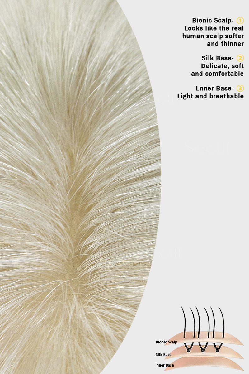 Close-up of synthetic hair with text describing features on a white background