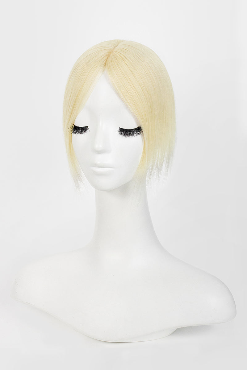 A short, straight blonde wig with side-swept bangs displayed on a white mannequin head against a light gray background.