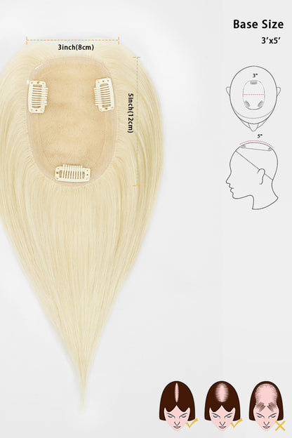 A long, straight blonde clip-in hair extension with three attachment clips visible at the top, shown on a light gray background with size annotations, base size measurements, and small hair styling examples.