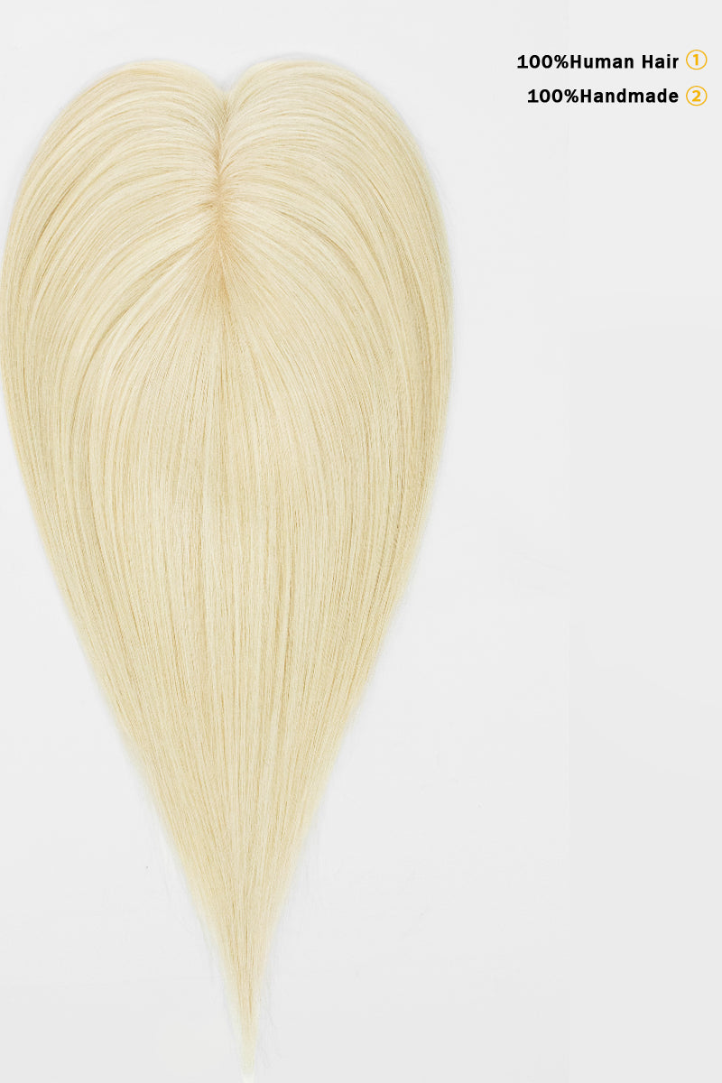 A heart-shaped blonde hair extension piece made of straight, silky synthetic or human hair, shown on a plain white background with text in the top right reading &