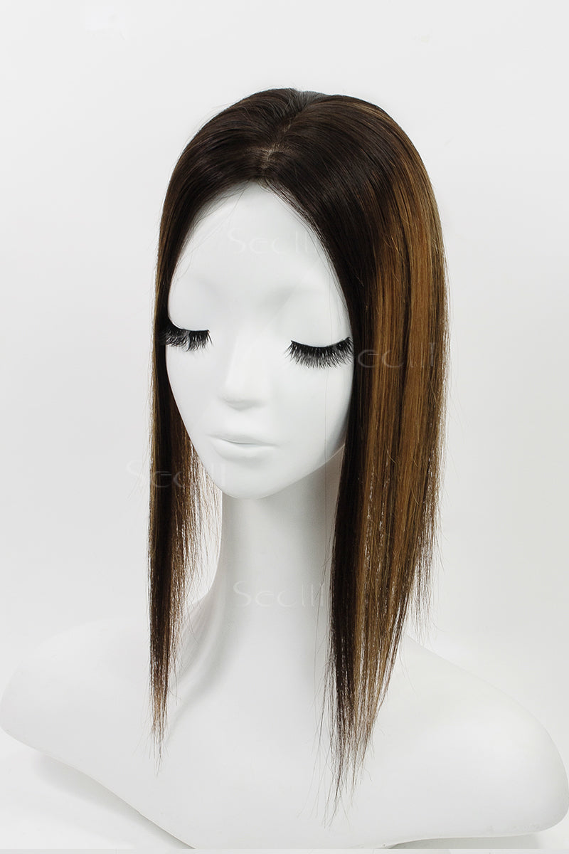Topper de Cabello Humano Remy con Base de Seda Flavia | Raíz de Negro Natural con Negro Natural/Perú 