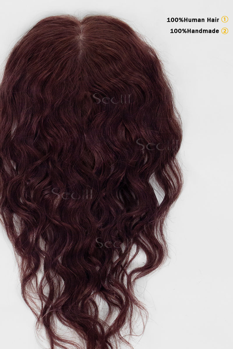 Flavia-C02  Wave Curly Human Hair Toppers Wine Red 