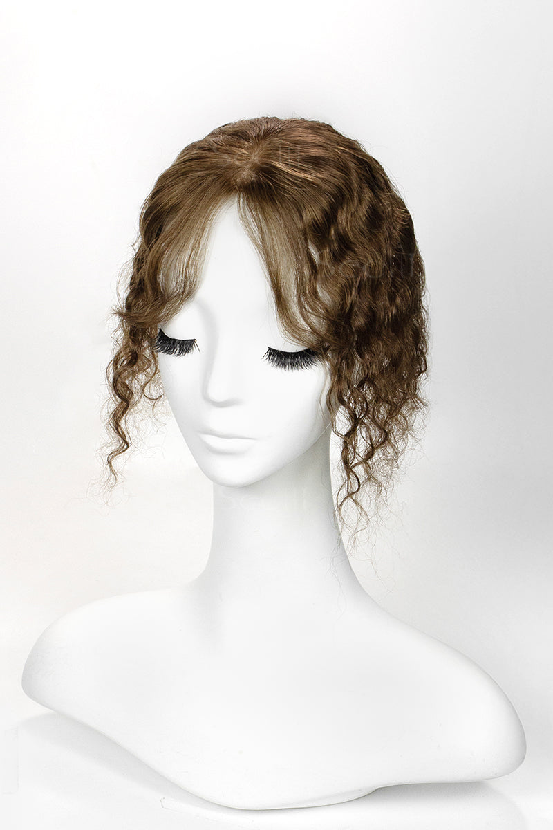 Flavia-C01 Wave Curly Human Hair Toppers with Hair Bangs Medium Ash Brown 