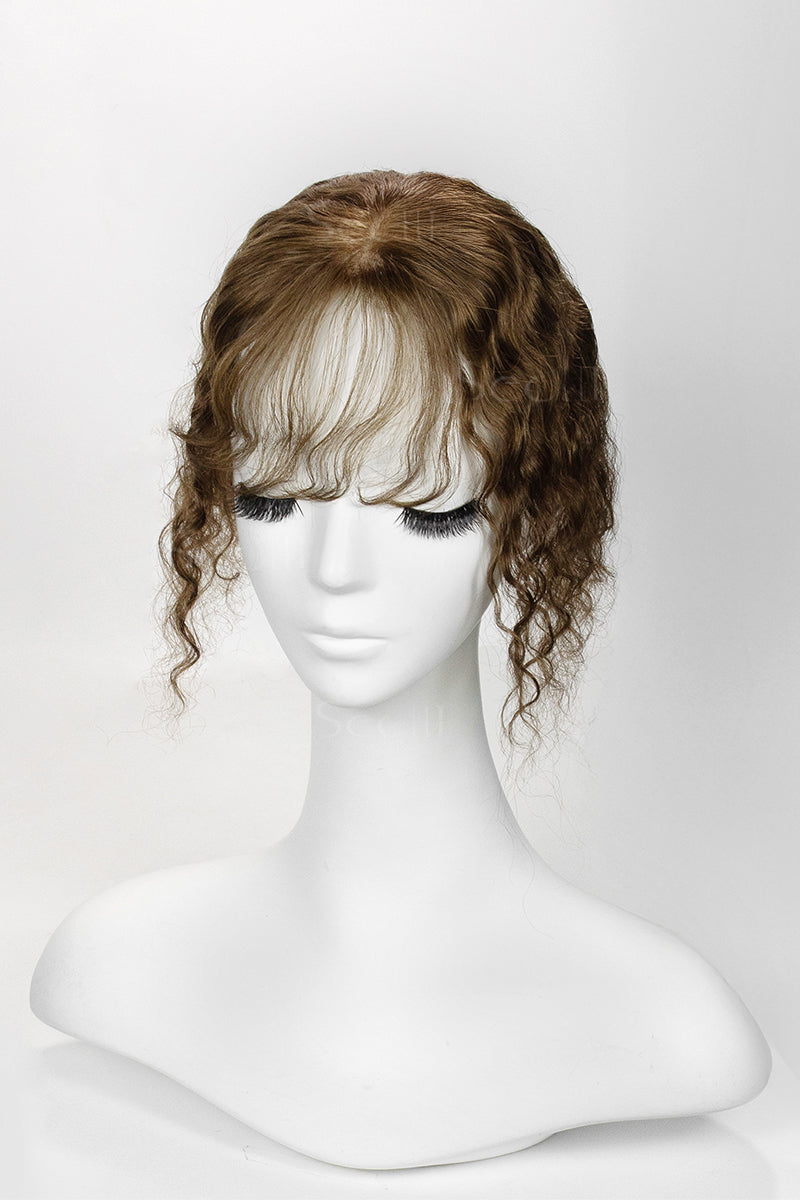 Flavia-C01 Wave Curly Human Hair Toppers with Hair Bangs Medium Ash Brown 