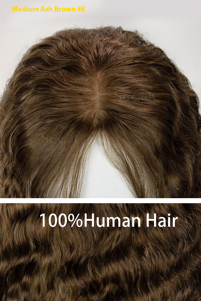 Flavia-C01 Wave Curly Human Hair Toppers with Hair Bangs Medium Ash Brown 