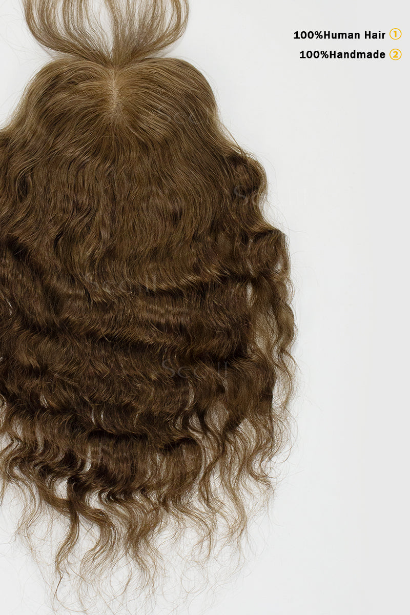 Flavia-C01 Wave Curly Human Hair Toppers with Hair Bangs Medium Ash Brown 