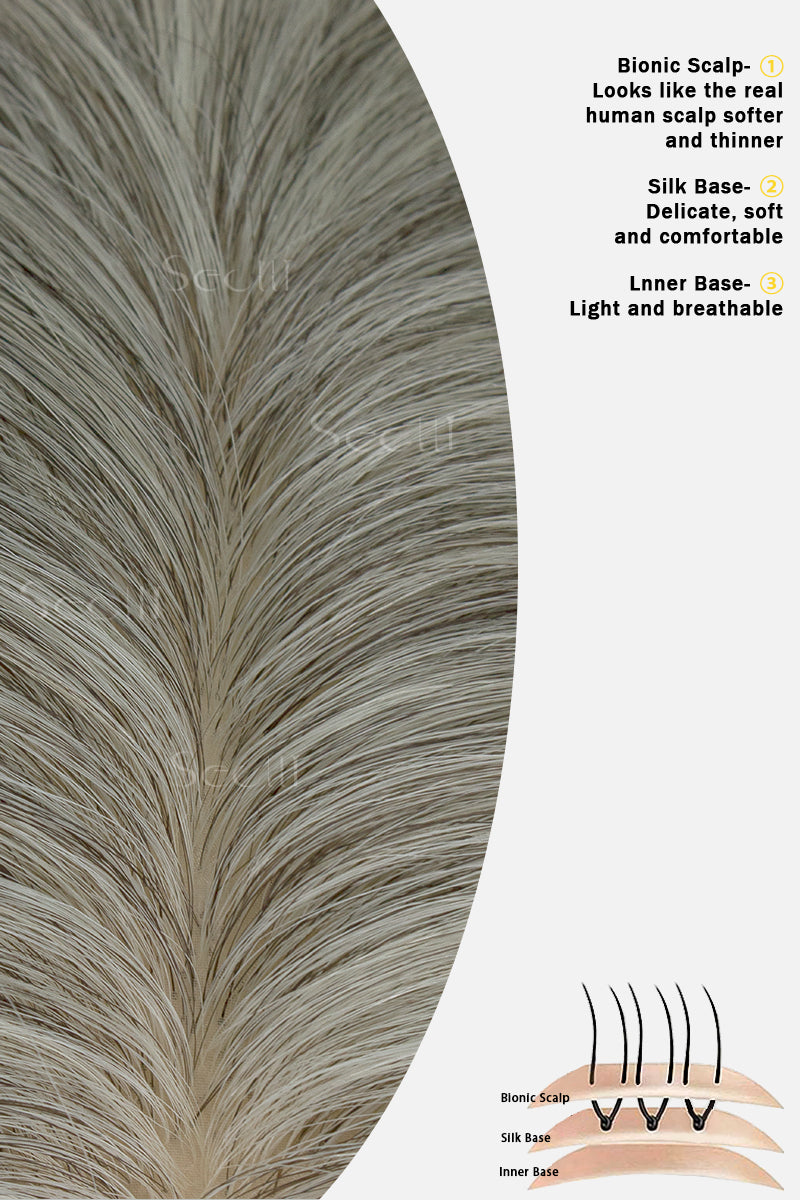 Flavia-B Silk Top Remy Human Hair Topper with Bangs Light Brown Grey