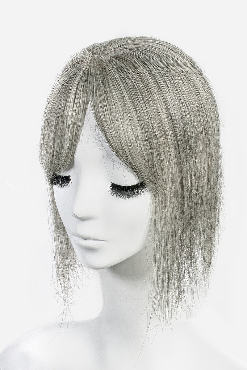 Flavia-B Silk Top Remy Human Hair Topper with Bangs Light Brown Grey