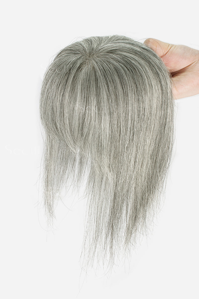 Flavia-B Silk Top Remy Human Hair Topper with Bangs Light Brown Grey