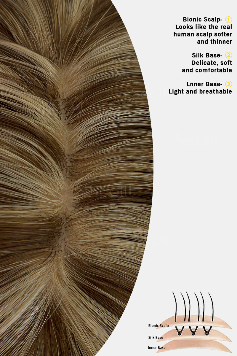 Topper de Cabello Humano Remy con Base de Seda Flavia | Marrón Medio con Reflejos Cálidos 