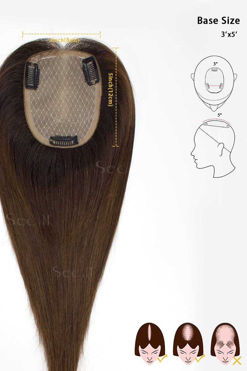 Topper de Cabello Humano Remy con Base de Seda Flavia | Marrón Oscuro/Marrón Medio 
