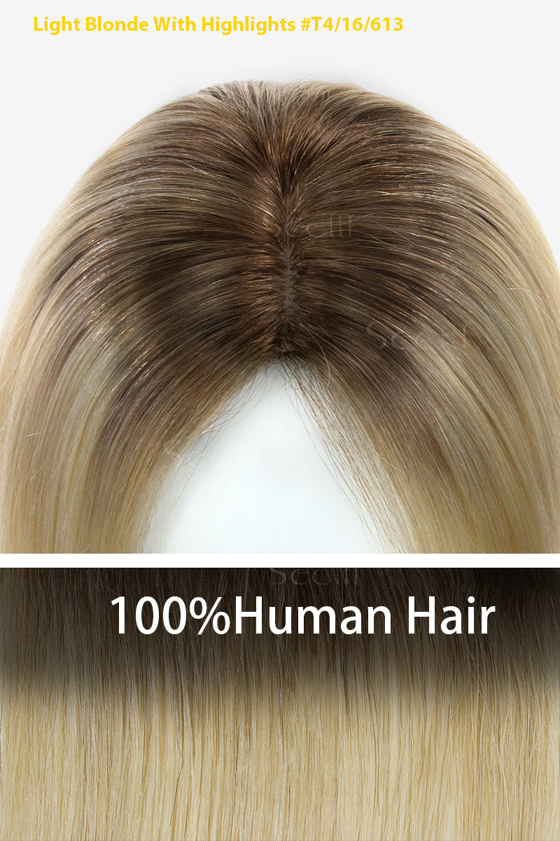 Topper de Cabello Humano Remy con Base de Seda Flavia | Rubio Claro con Reflejos 