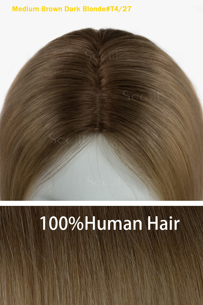 Topper de Cabello Humano Remy con Base de Seda Flavia | Bicolor Marrón Medio/Rubio Oscuro 