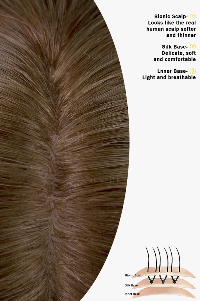Topper de Cabello Humano Remy con Base de Seda Flavia | Bicolor Marrón Medio/Rubio Oscuro 