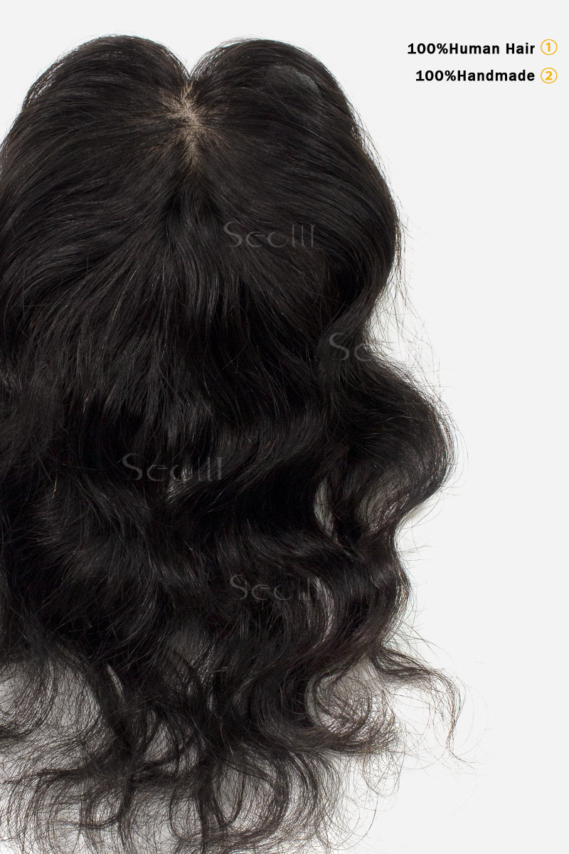 Topper de Cabello Humano Ondulado y Rizado Flavia-C02, Sin Flequillo (Colores Negro y Marrón)
