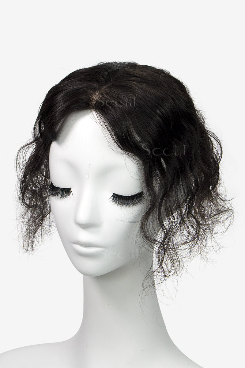 Topper de Cabello Humano Ondulado y Rizado Flavia-C02, Sin Flequillo (Colores Negro y Marrón)