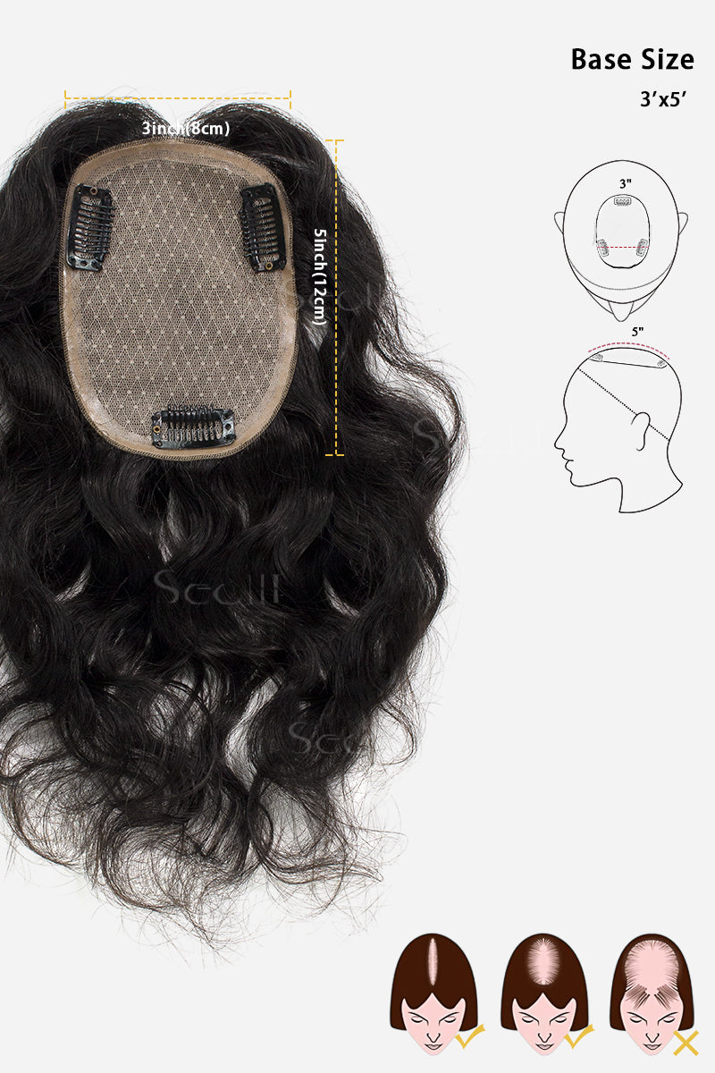 Topper de Cabello Humano Ondulado y Rizado Flavia-C02, Sin Flequillo (Colores Negro y Marrón)