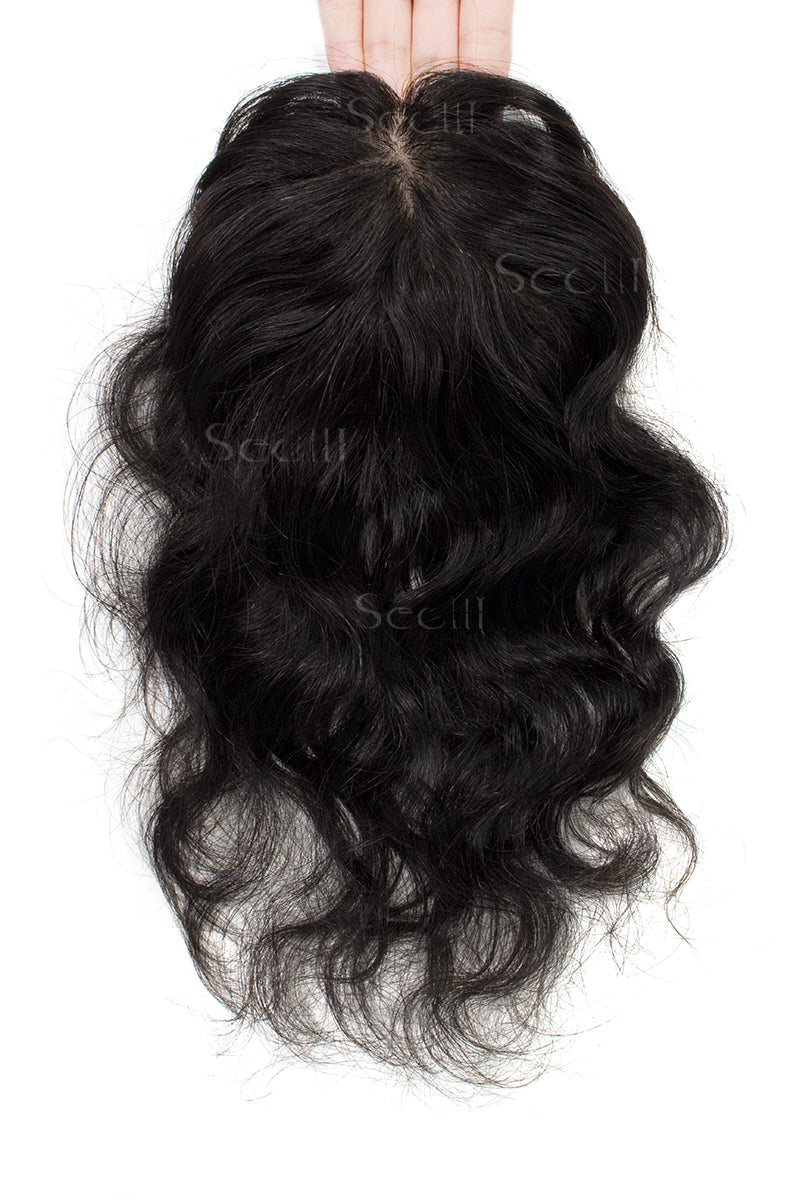Topper de Cabello Humano Ondulado y Rizado Flavia-C02, Sin Flequillo (Colores Negro y Marrón)