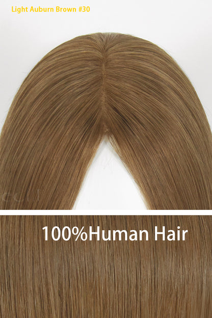 Close-Up of 100% Human Hair Topper Root in Light Auburn Brown 