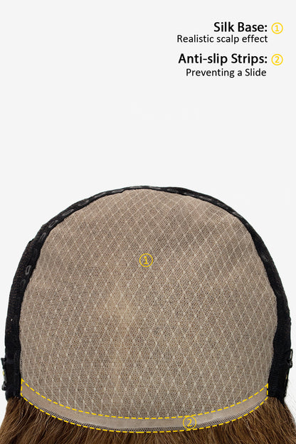 Back view of a wig cap with text on silk base and anti-slip strips.