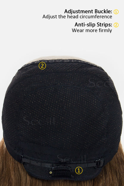 Back view of a wig cap with adjustment buckle and anti-slip strips labeled.
