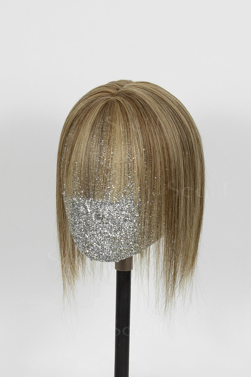 Mona-B Handmade Human Hair Topper with Bangs Medium Brown with Warm Highlights 