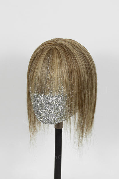 Mona-B Handmade Human Hair Topper with Bangs Medium Brown with Warm Highlights 
