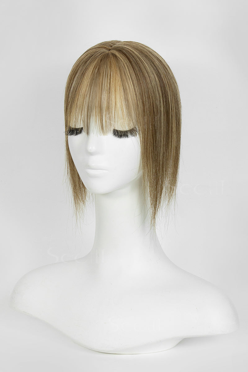 Mona-B Handmade Human Hair Topper with Bangs Medium Brown with Warm Highlights 
