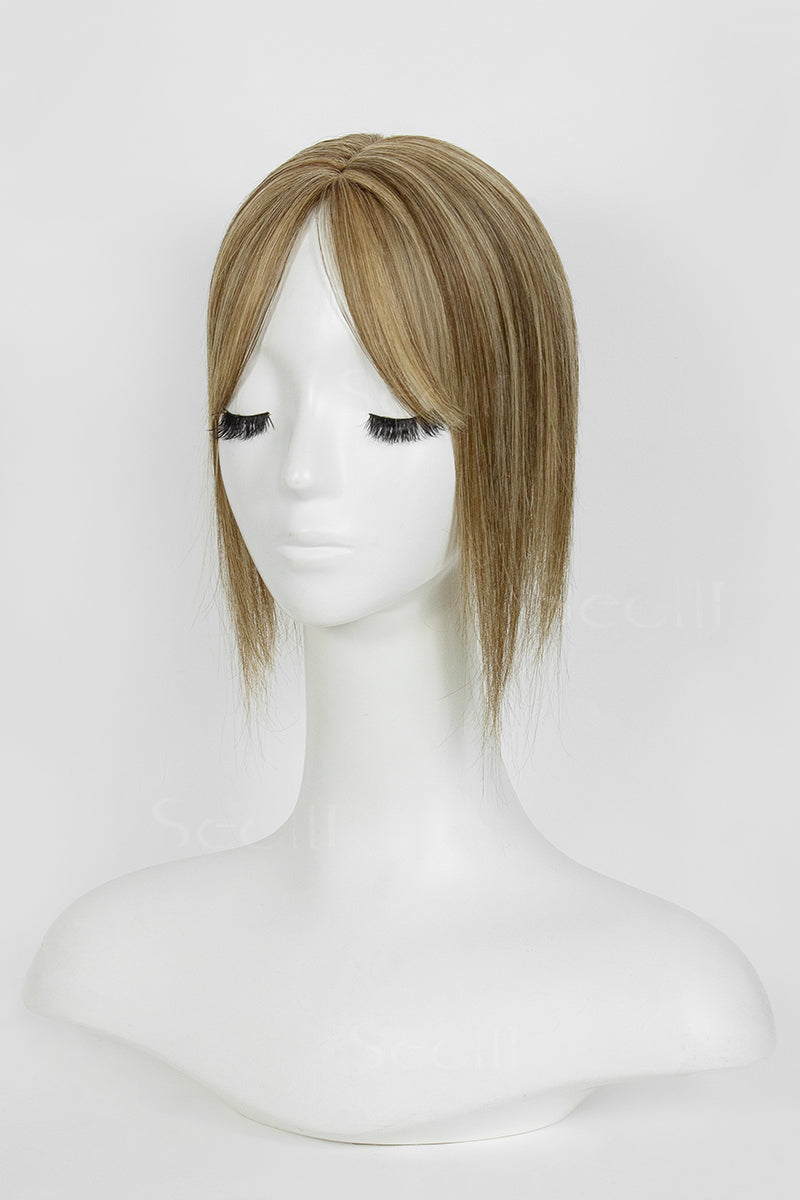 Mona-B Handmade Human Hair Topper with Bangs Medium Brown with Warm Highlights 