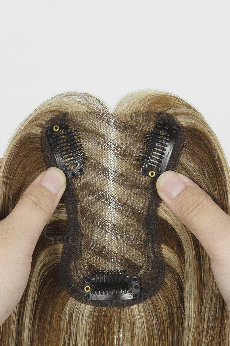Mona-B Handmade Human Hair Topper with Bangs Medium Brown with Warm Highlights 
