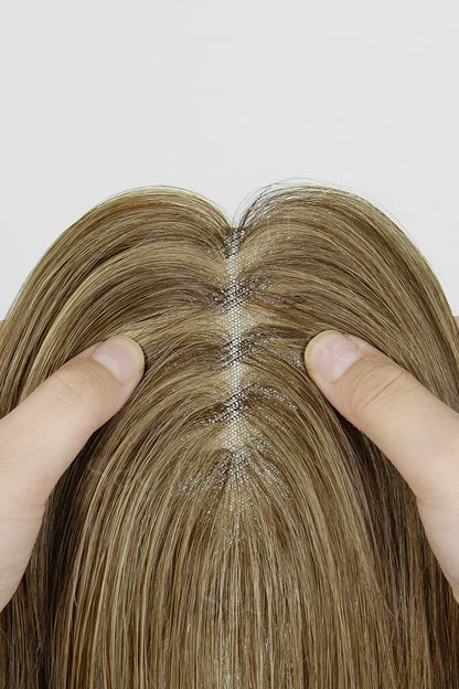 Mona-B Handmade Human Hair Topper with Bangs Medium Brown with Warm Highlights 