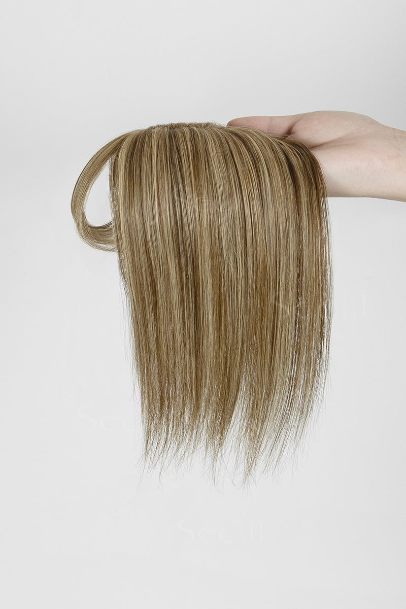 Mona-B Handmade Human Hair Topper with Bangs Medium Brown with Warm Highlights 