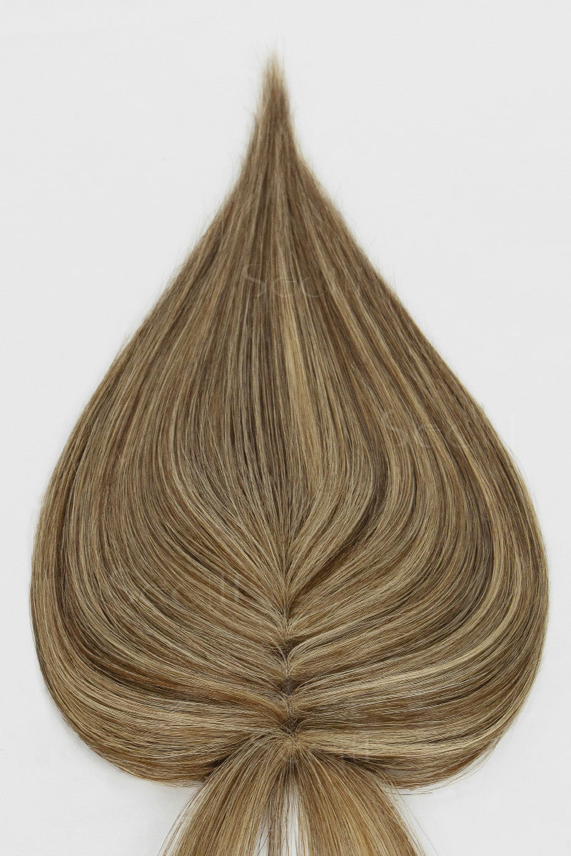 Mona-B Handmade Human Hair Topper with Bangs Medium Brown with Warm Highlights 