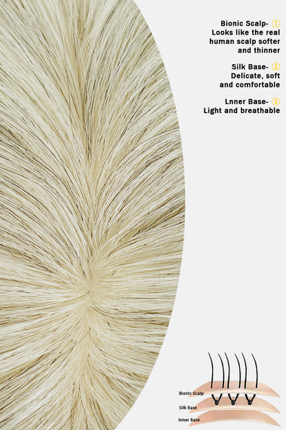 Close-up of a bionic hair scalp product with light blonde to beige synthetic hair fibers radiating from the center, shown on a white background with descriptive text and a small schematic diagram of attachment.
