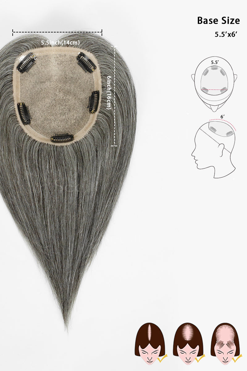 Medium grey hair topper underside showing five black clips and a 5.5-by-6-inch base size guide.