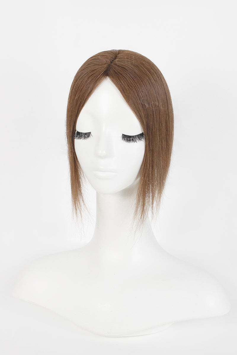 A shoulder-length straight wig with a center part in a medium brown shade, displayed on a white mannequin head against a plain white background.
