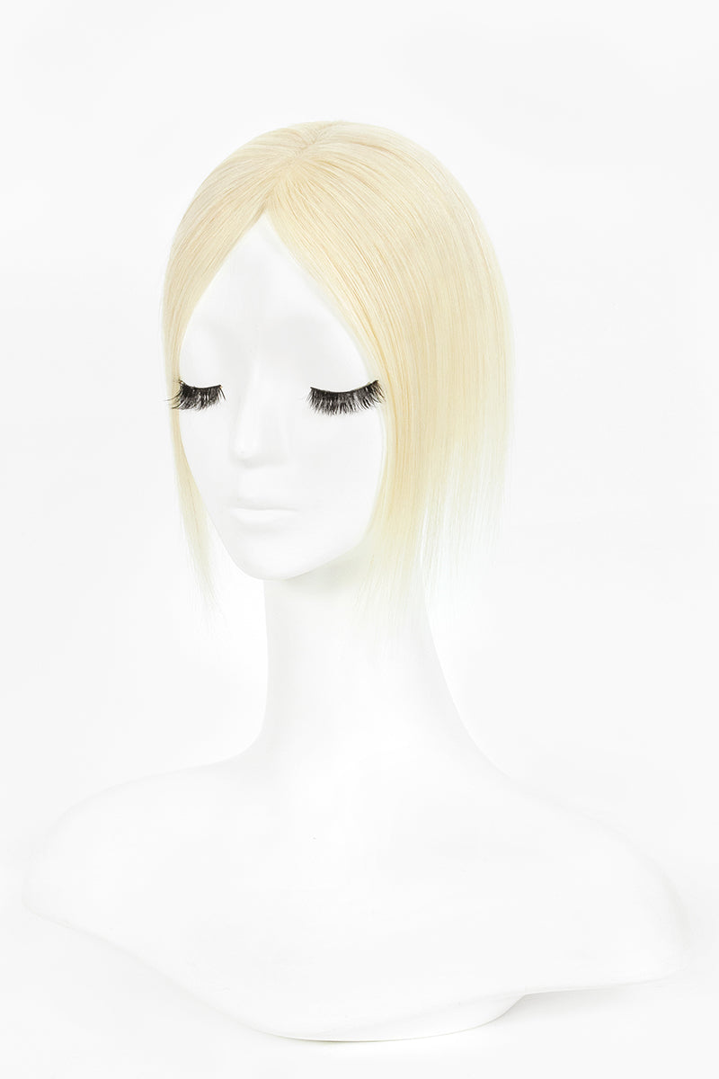 Platinum blonde hair topper styled into a straight center-parted bob on a white mannequin.