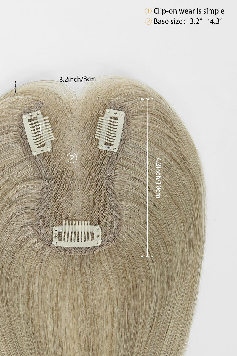 Beige blonde hair topper showing a 3.2 by 4.3-inch mesh base and three attachment clips.