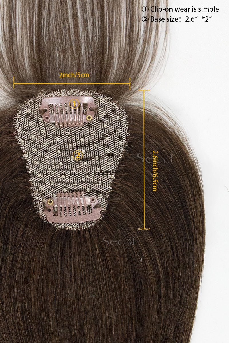 Hair topper clip with measurements on a white background