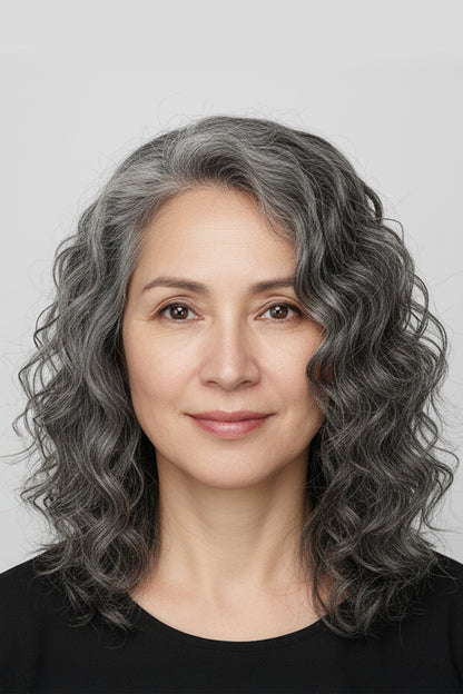 Woman with gray hair against a plain background