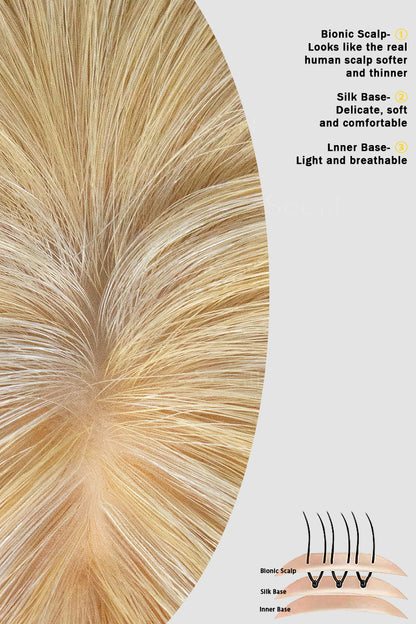 Close-up of Metis Human Hair Toppers Crown Topper with Bangs  Ash Blonde Bleach Blonde 