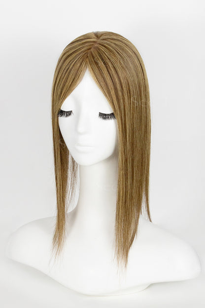 Mannequin head with a brown wig on a white background