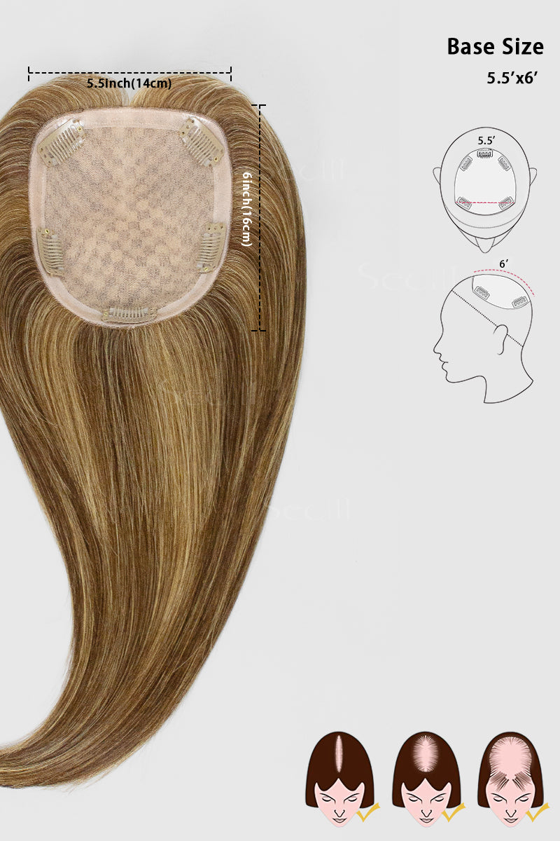 Metis Human Hair Toppers Crown Topper Hair Extensions Medium Brown with Warm Highlights 