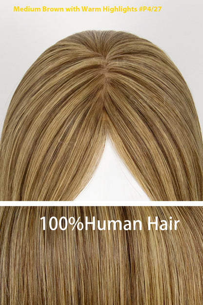 Blonde hairpiece with warm highlights on a white background, labeled as 100% human hair.