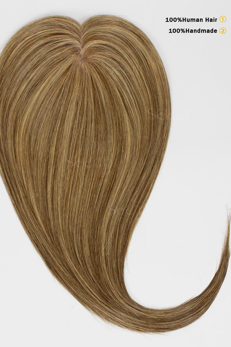 Brown hair extension on a white background with text indicating &