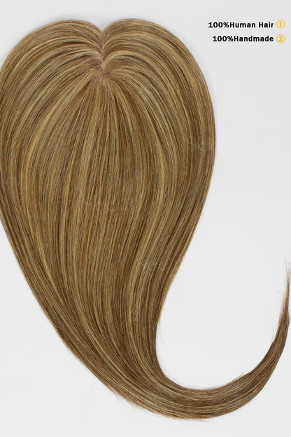 Brown hair extension on a white background with text indicating &