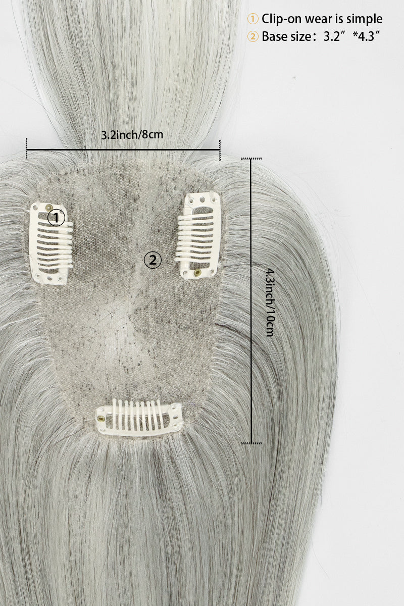 Light Grey hair topper with measurement details on a white background